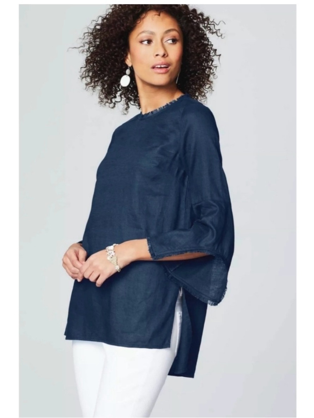 J. Jill Love Linen 3/4 Sleeve Linen Top Tunic Frayed Edges Womens Small Blue